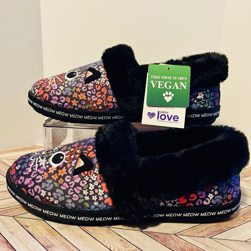 BOBS Skechers Too Cozy Meow Cat Women’s 6 Floral Slippers Fur Embroidered Vegan - Picture 3 of 10
